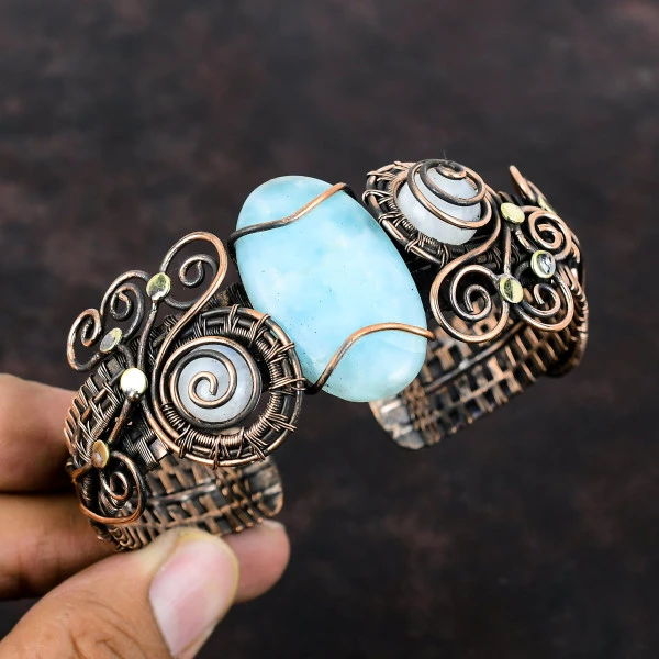 Hemimorphite Oval Blue Handmade Copper Wire Wrapped Bangle