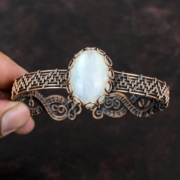 Rainbow Moonstone Oval White Handmade Copper Wire Wrapped Bangle