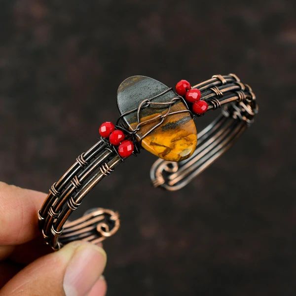 Polychrome Jasper Oval Yellow Handmade Copper Wire Wrapped Bangle