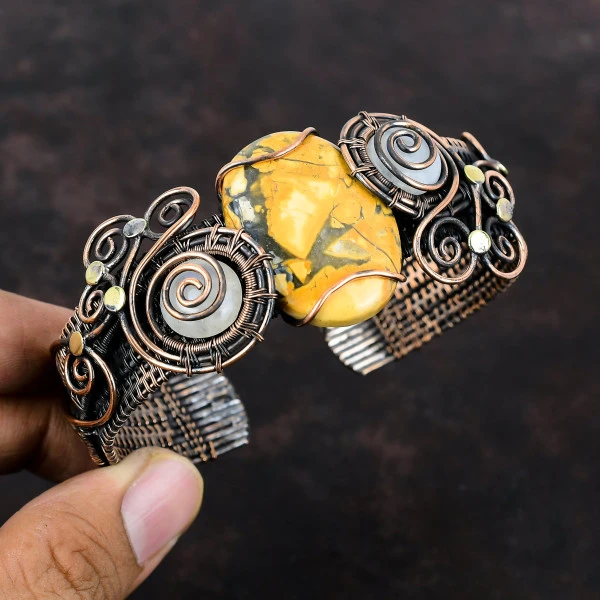 Maligano Jasper Oval Yellow Handmade Copper Wire Wrapped Bangle