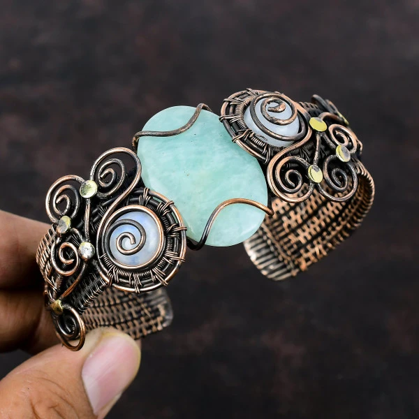 Amazonite Oval Green Handmade Copper Wire Wrapped Bangle