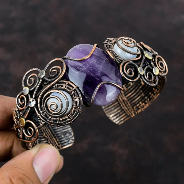 Star Amethyst Oval Purple Handmade Copper Wire Wrapped Bangle