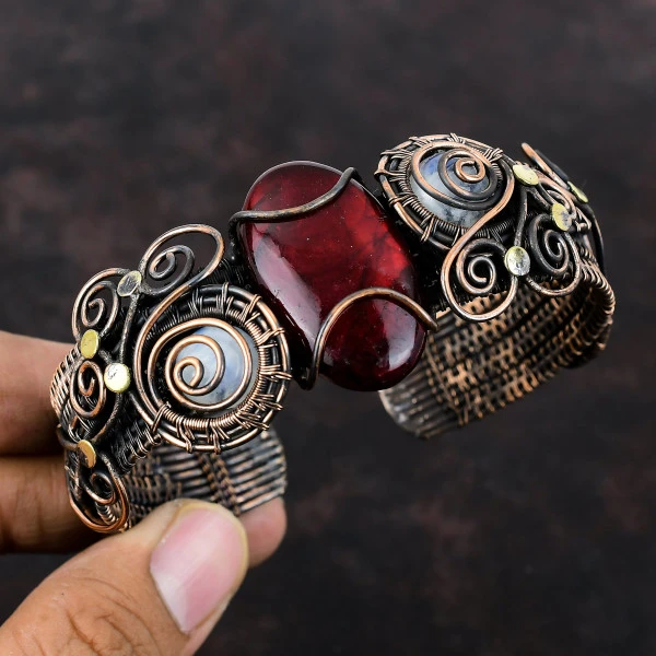 Red Fire Labradorite Oval Red Handmade Copper Wire Wrapped Bangle