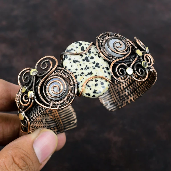 Dalmatian Jasper Oval Black Handmade Copper Wire Wrapped Bangle