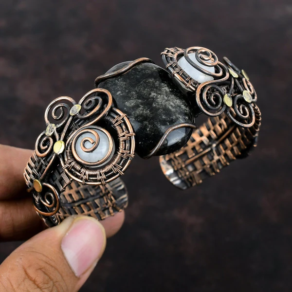 Silver Sheen Obsidian Oval Black Handmade Copper Wire Wrapped Bangle