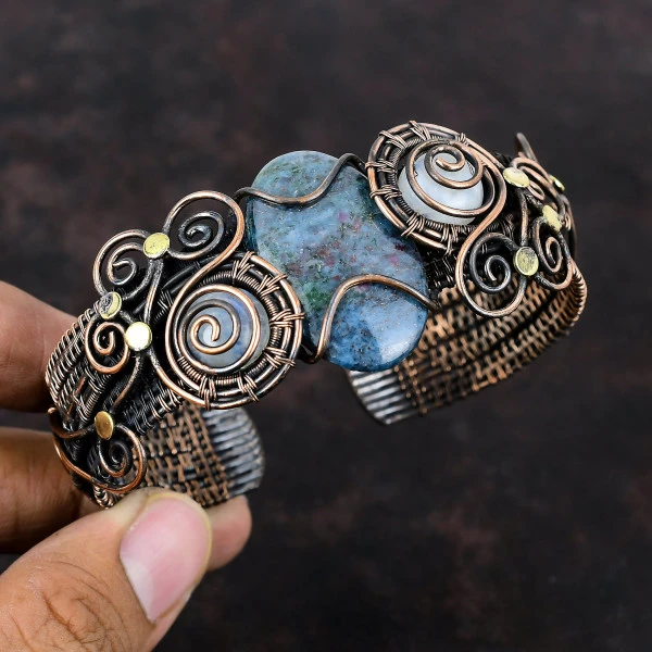 Ruby In Blue Kyanite Oval Blue Handmade Copper Wire Wrapped Bangle