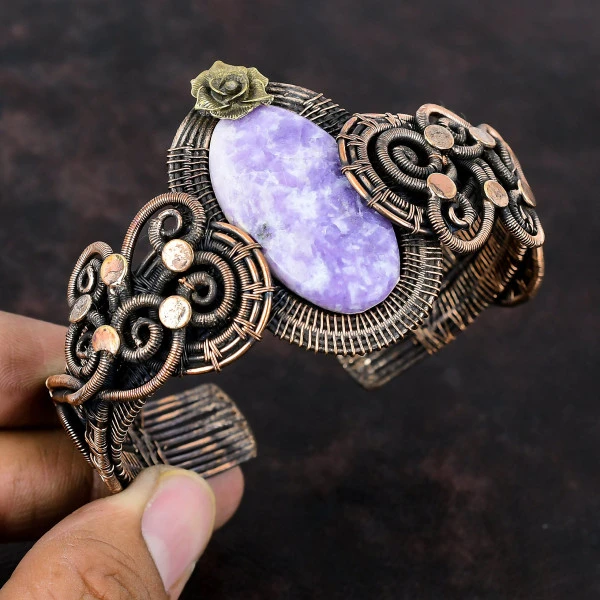 Lepidolite Oval Purple Handmade Copper Wire Wrapped Bangle