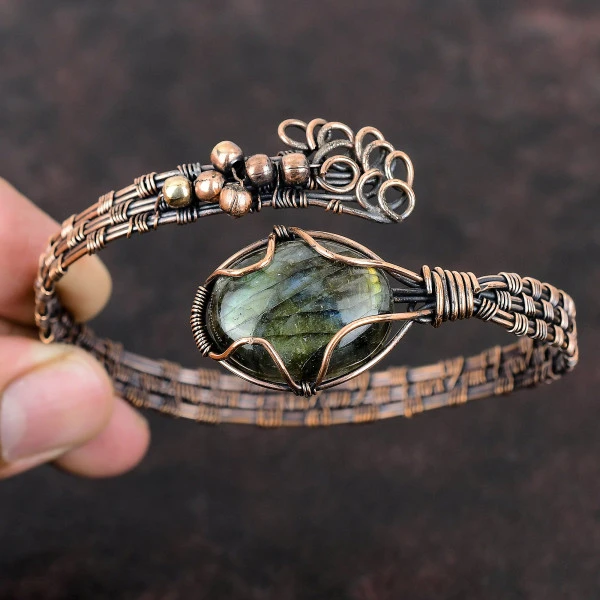 Labradorite Oval Gray Handmade Copper Wire Wrapped Bangle