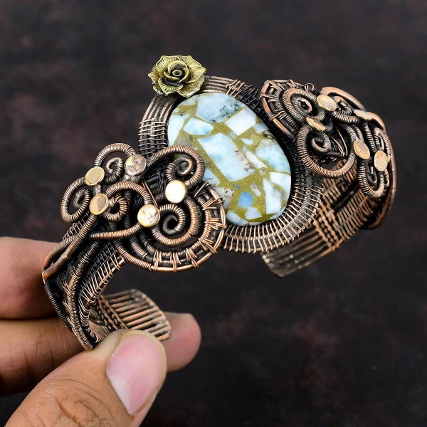 Copper Larimar Oval Blue Handmade Copper Wire Wrapped Bangle