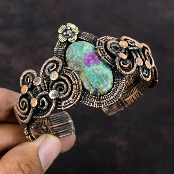 Ruby Fuchsite Oval Green Handmade Copper Wire Wrapped Bangle