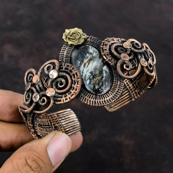 Astrophyllite Oval Black Handmade Copper Wire Wrapped Bangle