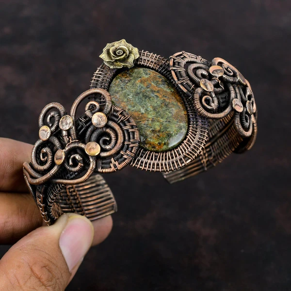 Spessartine Garnet in Limestone Oval Green Handmade Copper Wire Wrapped Bangle