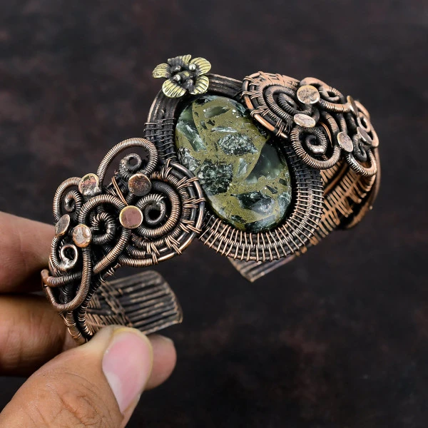 Copper Seraphinite Oval Green Handmade Copper Wire Wrapped Bangle