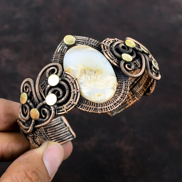 Plume Agate Oval Yellow Handmade Copper Wire Wrapped Bangle