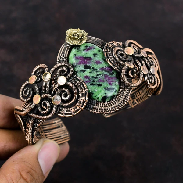 Ruby Zoisite Oval Green Handmade Copper Wire Wrapped Bangle