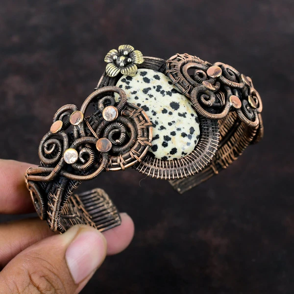 Dalmatian Jasper Oval Black Handmade Copper Wire Wrapped Bangle