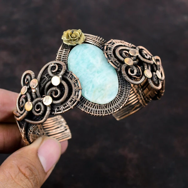 Amazonite Oval Green Handmade Copper Wire Wrapped Bangle