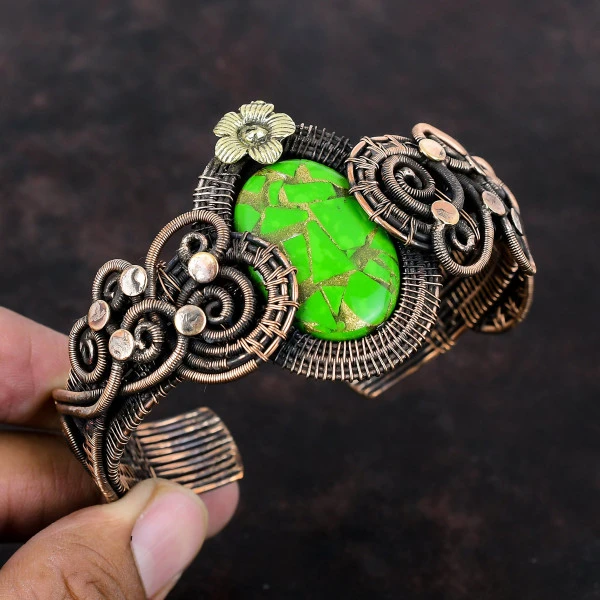 Copper Green Turquoise Oval Green Handmade Copper Wire Wrapped Bangle