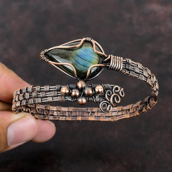 Labradorite Pear Gray Handmade Copper Wire Wrapped Bangle