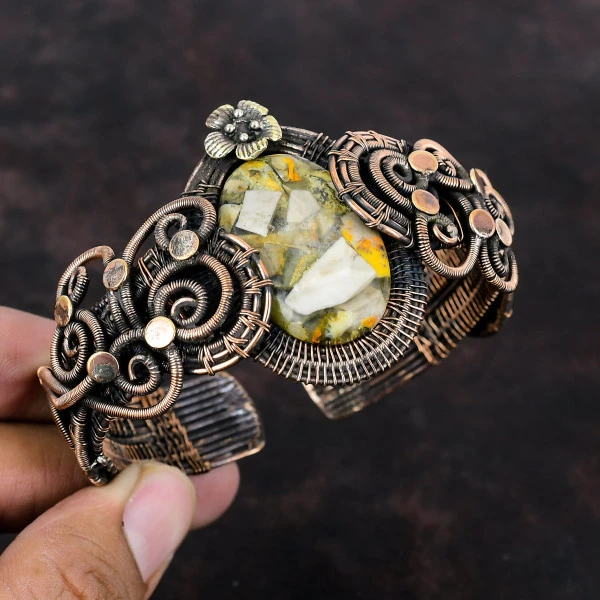Copper Bumble Bee Jasper Oval Yellow Handmade Copper Wire Wrapped Bangle