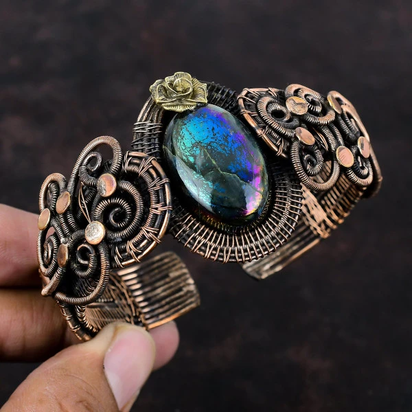 Mystic Fire Labradorite Oval Blue Handmade Copper Wire Wrapped Bangle
