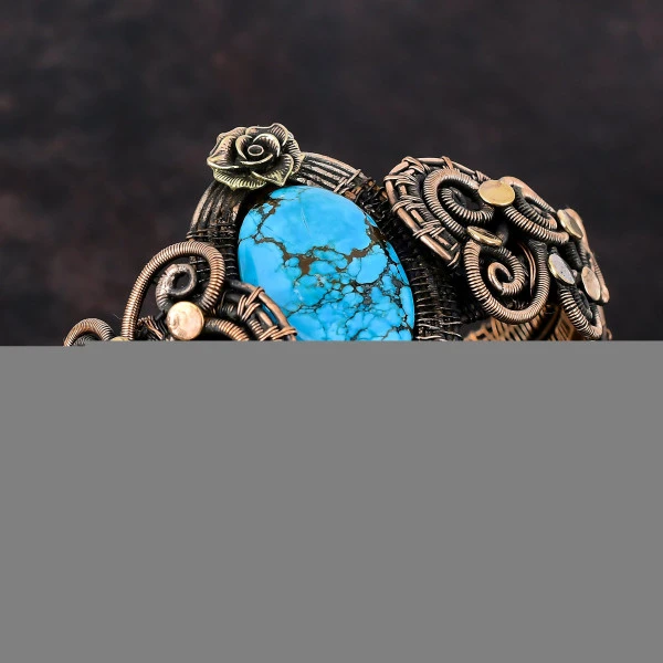 Tibetan Turquoise Oval Blue Handmade Copper Wire Wrapped Bangle