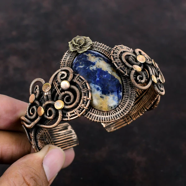 Sodalite Oval Blue Handmade Copper Wire Wrapped Bangle