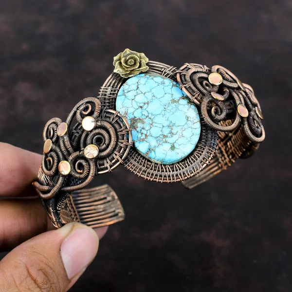 Tibetan Turquoise Oval Blue Handmade Copper Wire Wrapped Bangle