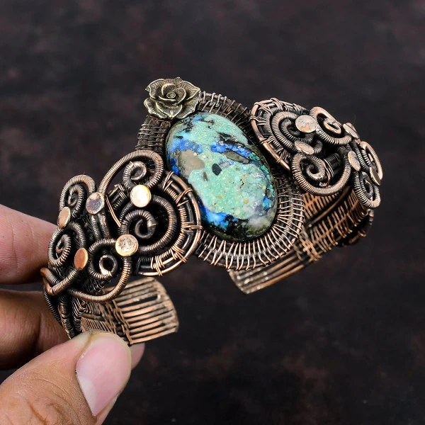 Azurite Malachite Oval Green Handmade Copper Wire Wrapped Bangle