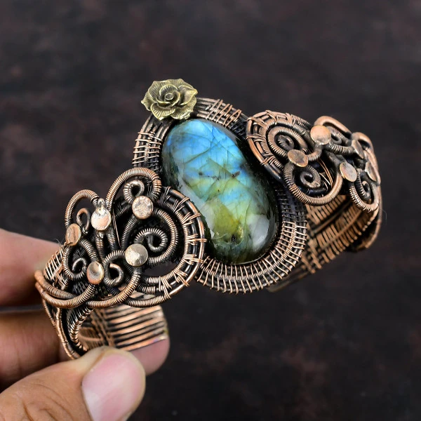 Labradorite Oval Gray Handmade Copper Wire Wrapped Bangle