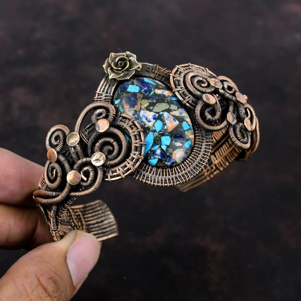Copper Multi Turquoise Oval Blue Handmade Copper Wire Wrapped Bangle
