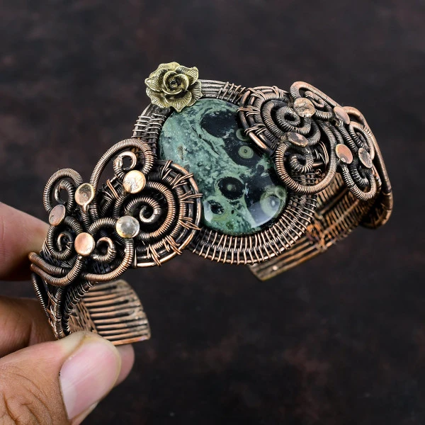 Kambaba Jasper Oval Green Handmade Copper Wire Wrapped Bangle