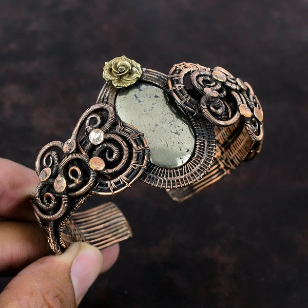 Pyrite Oval Gold Handmade Copper Wire Wrapped Bangle