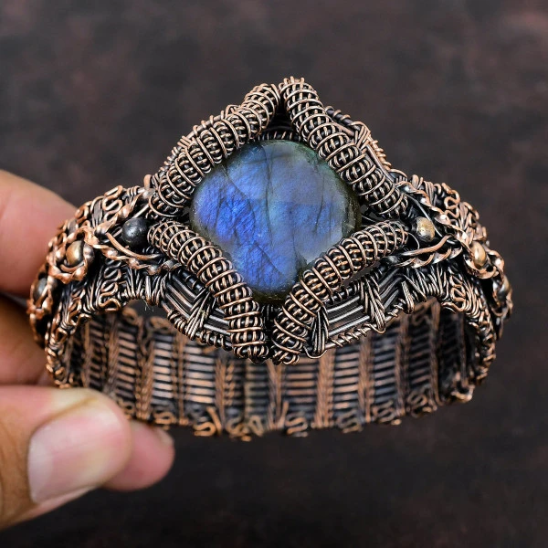 Labradorite Round Blue Handmade Copper Wire Wrapped Bangle