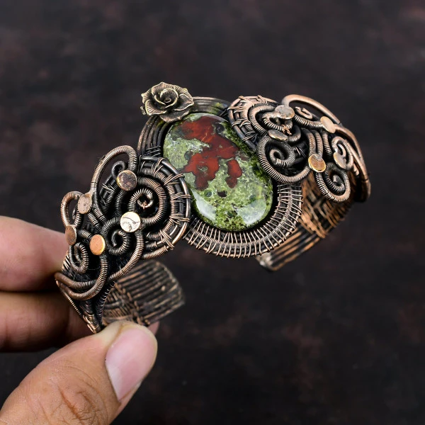 Dragon Bloodstone Oval Green Handmade Copper Wire Wrapped Bangle