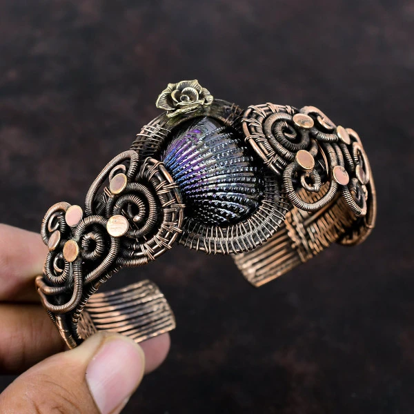 Titanium Coated Shell Pear Purple Handmade Copper Wire Wrapped Bangle