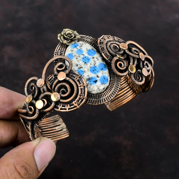 K2 Jasper Oval White Handmade Copper Wire Wrapped Bangle