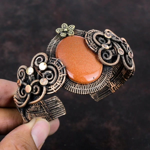 Sun Sitara Oval Orange Handmade Copper Wire Wrapped Bangle