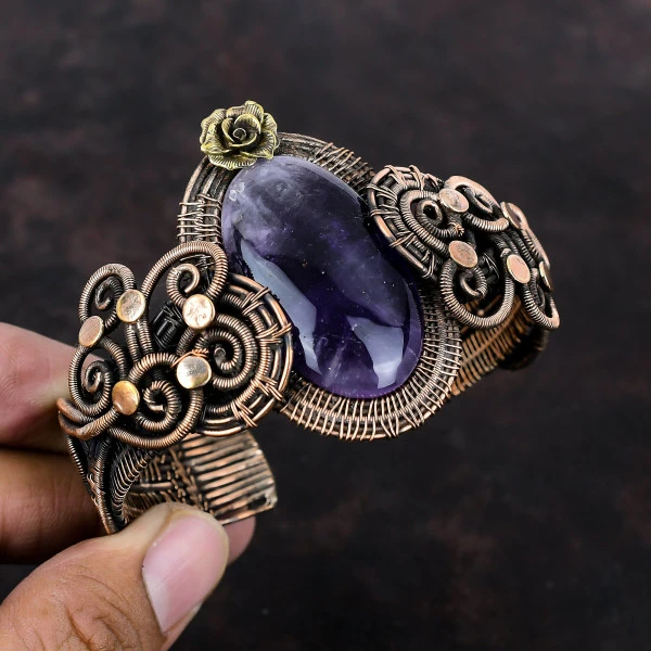 Star Amethyst Oval Purple Handmade Copper Wire Wrapped Bangle