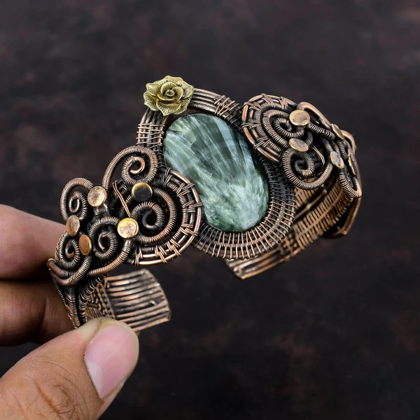 Seraphinite Oval Green Handmade Copper Wire Wrapped Bangle