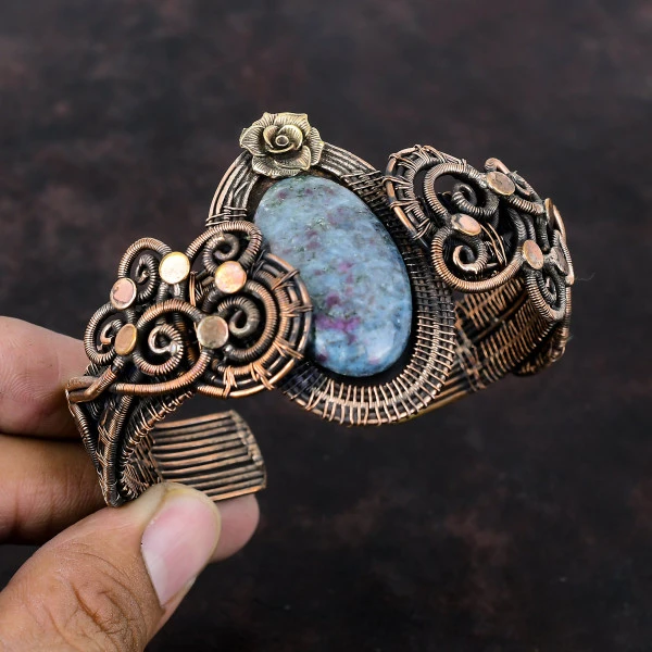 Ruby In Blue Kyanite Oval Blue Handmade Copper Wire Wrapped Bangle