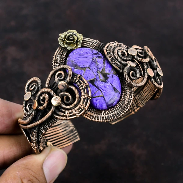 Copper Charoite Oval Purple Handmade Copper Wire Wrapped Bangle