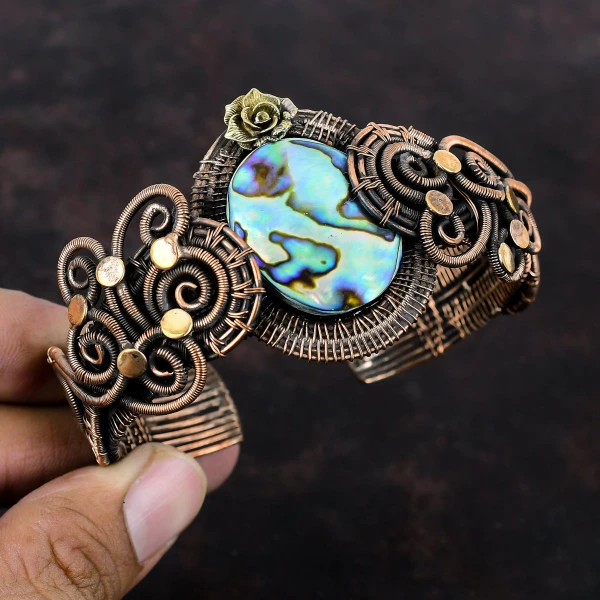 Abalone Shell Oval Green Handmade Copper Wire Wrapped Bangle