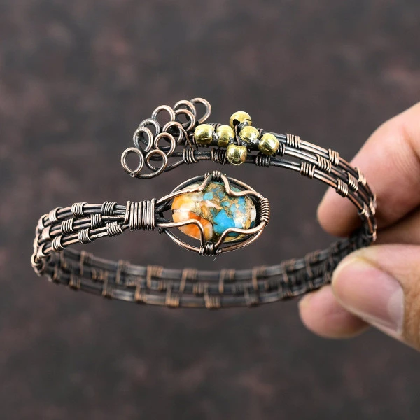 Spiny Oyster Copper Turquoise Oval Orange Handmade Copper Wire Wrapped Bangle