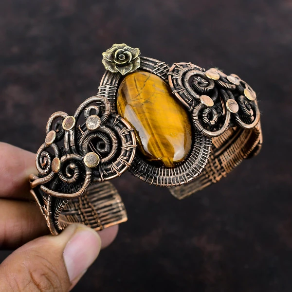 Tiger's Eye Oval Brown Handmade Copper Wire Wrapped Bangle