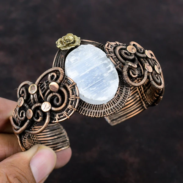 Selenite Druzy Oval White Handmade Copper Wire Wrapped Bangle