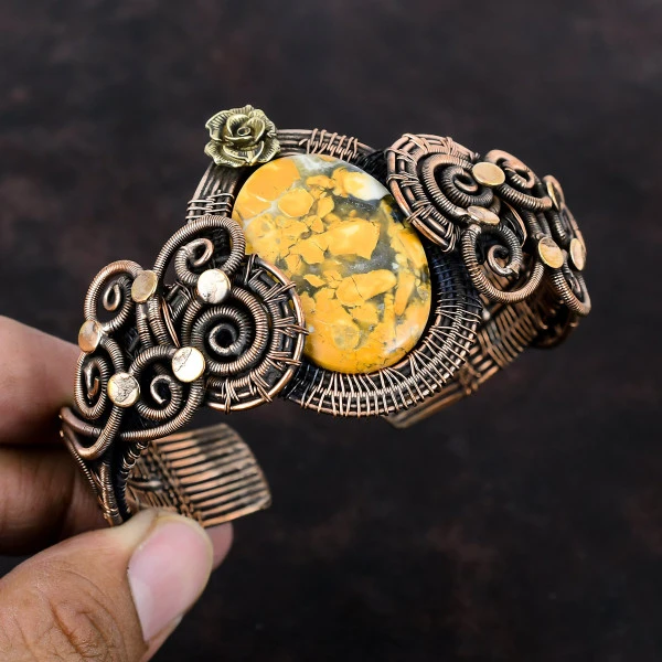 Maligano Jasper Oval Yellow Handmade Copper Wire Wrapped Bangle