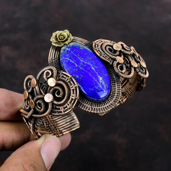 Lapis Lazuli Oval Blue Handmade Copper Wire Wrapped Bangle