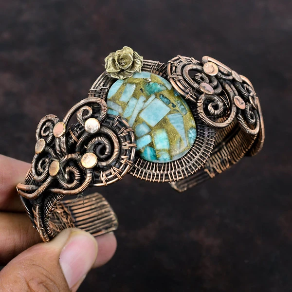 Copper Amazonite Oval Green Handmade Copper Wire Wrapped Bangle