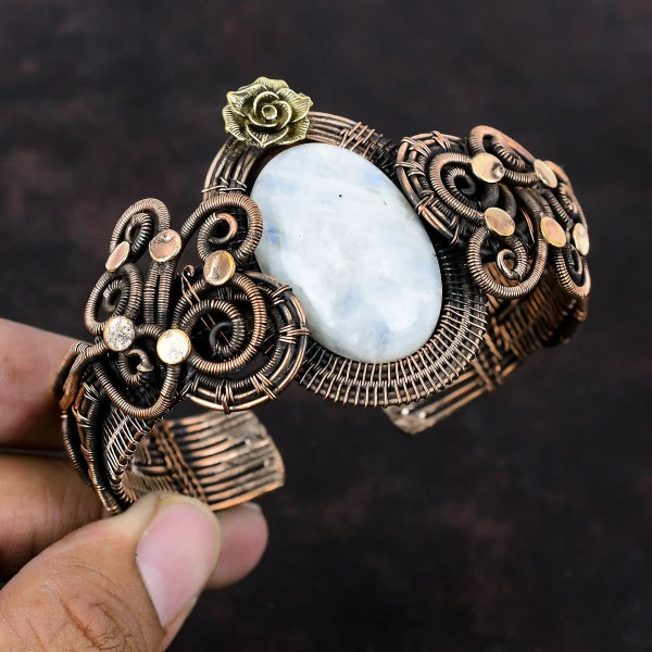 Rainbow Moonstone Oval White Handmade Copper Wire Wrapped Bangle